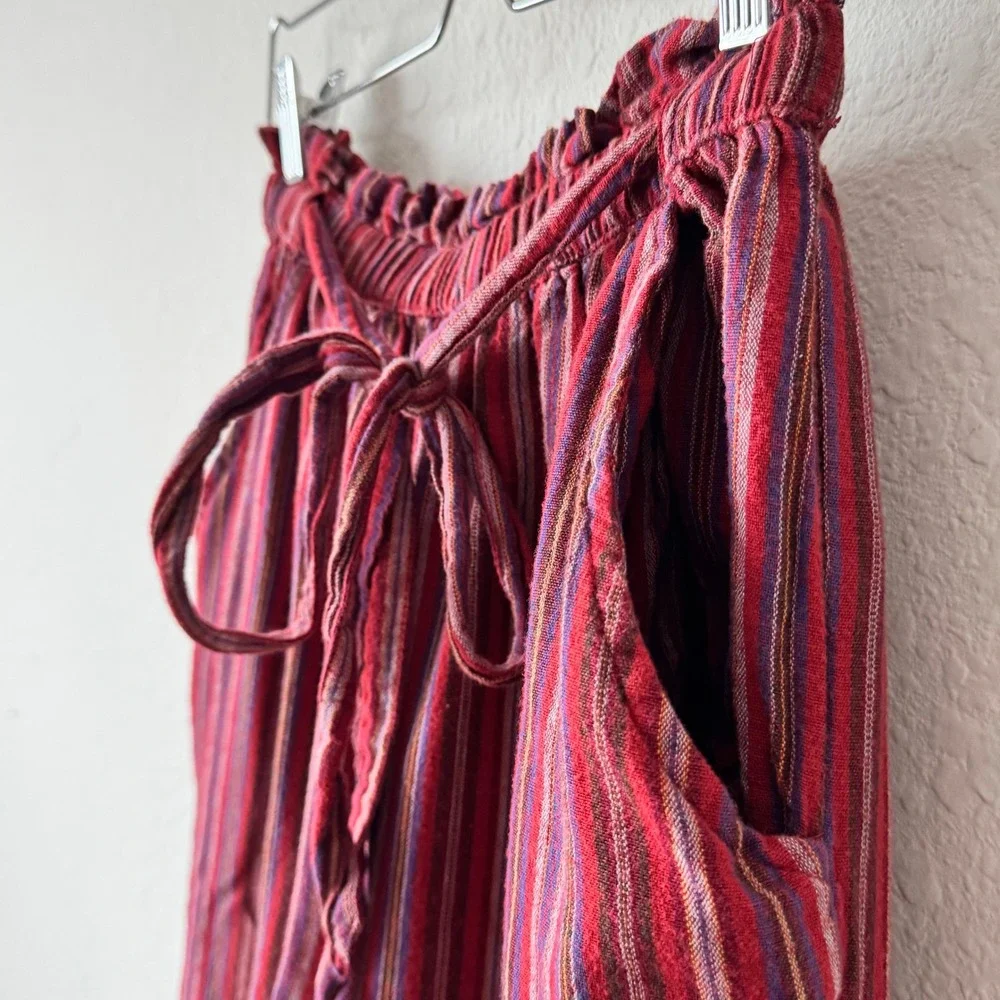 American Eagle Red Striped Wide Leg Culottes Cotton Linen Paperbag Waist Pants M